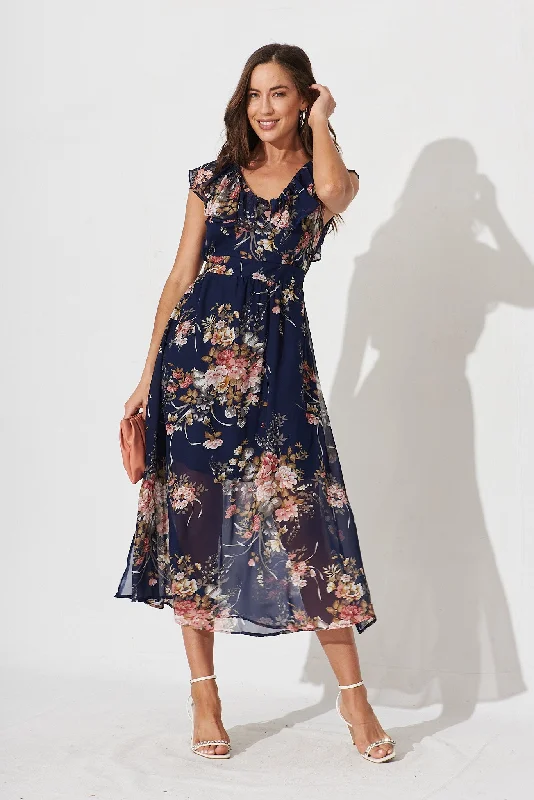 The Best Sale of the Year!Mischa Maxi Dress In Navy With Pink Floral Chiffon
