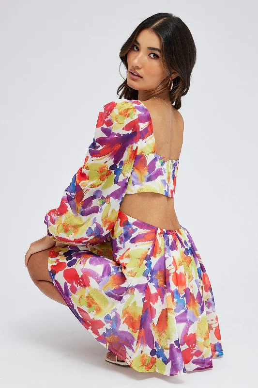 Limited Time Offer!Multi Floral Dress Watercolour Print Ring Front Balloon Sleeve