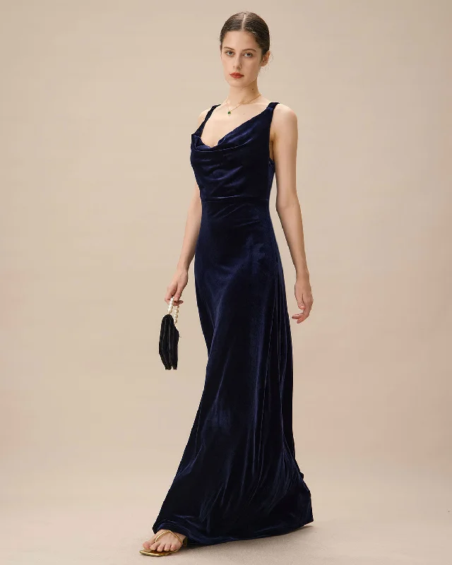 Save Like Never Before!Navy Cowl Neck Velvet Maxi Dress