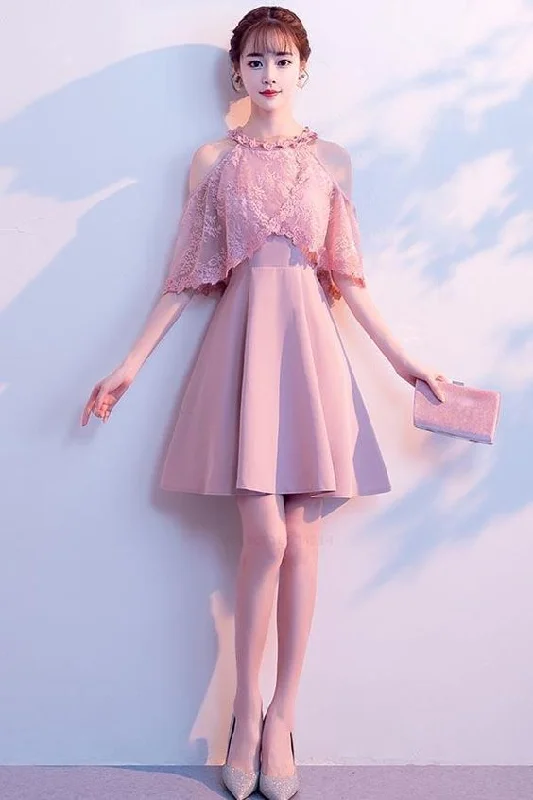 Biggest Sale of the Season!Pink A-line High Neck Satin Pink Homecoming Dresses Party Dresses cg2203