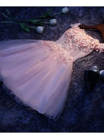 Lowest Prices Guaranteed!Pink A Line Tulle Lace Short Dress, Homecoming Dress cg1728