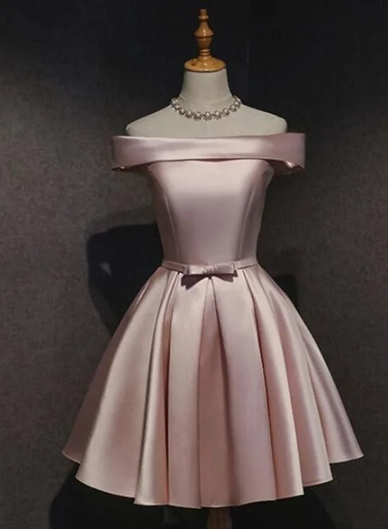 One Click Away from Big Savings!Pink Off Shoulder Homecoming Dress, Pink Party Dress 2019, Cute Satin Dress cg1989