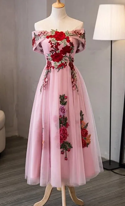 Find Your Perfect Deal Today!Pink Tulle Tea Length Beautiful Party Dress, Wedding Party homecoming Dress cg2293