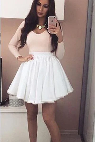 Mega Sale Happening Now!Pink V-neck Long Sleeves Mini Grad Homecoming Dress with  White Skirt cg1958