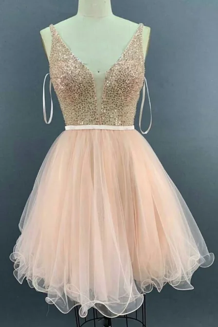 Buy More, Save More!PINK V NECK TULLE SEQUIN SHORT DRESS, PINK TULLE HOMECOMING DRESS cg2390