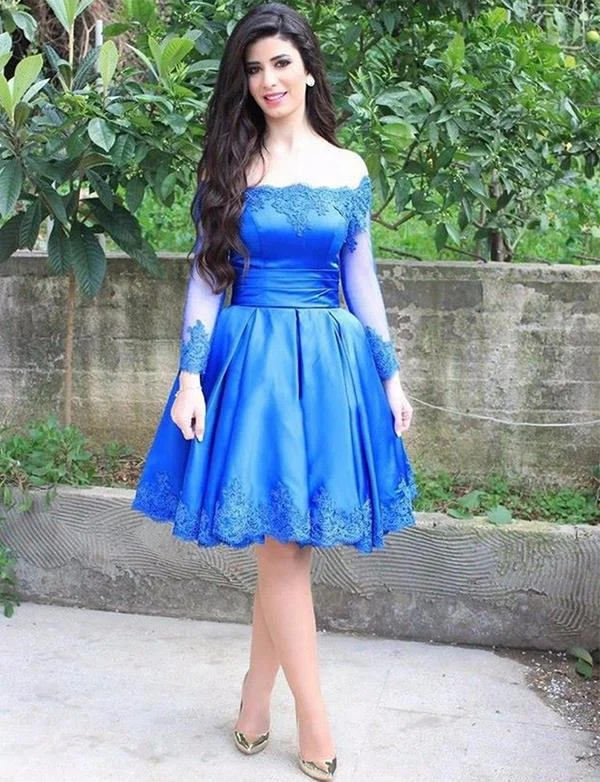 Your Exclusive Offer Awaits!Princess A Line Off The Shoulder Blue Short Homecoming Dresses Long Sleeves cg2329