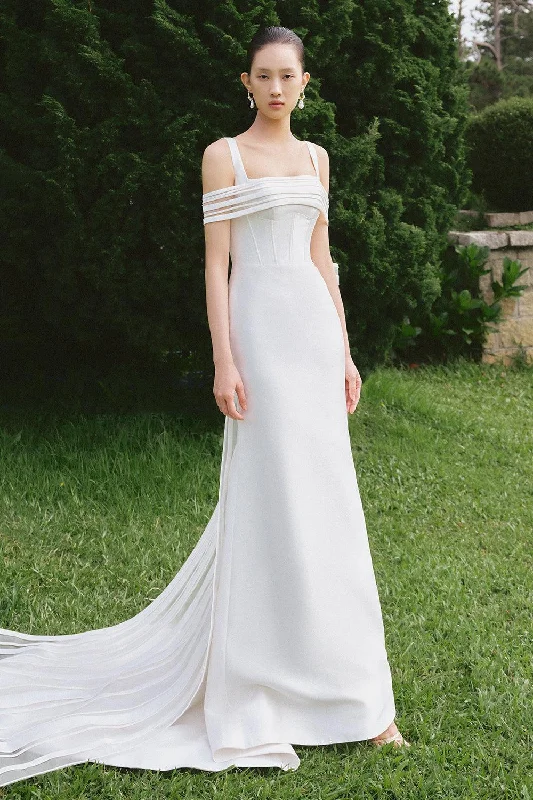 Price Drop Alert!Rattan Trumpet Cold Shoulder Sleeved Silk Floor Length Dress