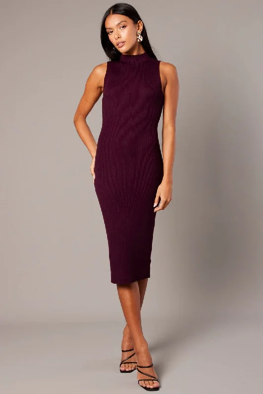 Hurry! While Supplies Last!Red High Neck Knit Dress Midi