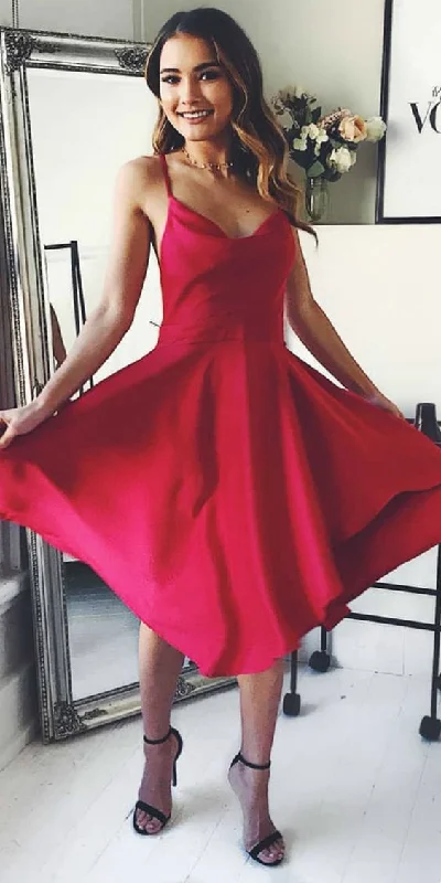 Score Huge Discounts Today!Red Satin Spaghetti Straps Crossed Back Knee Length Homecoming Dress cg2314