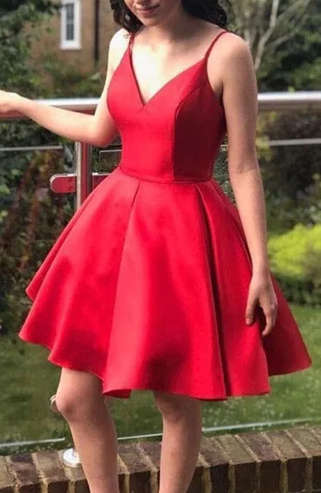The Sale You’ve Been Waiting For!Red v neck satin short dress, homecoming dress cg2241