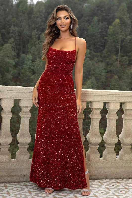 Grab Yours Before It’s Too Late!Sequin Backless Split Maxi Dress
