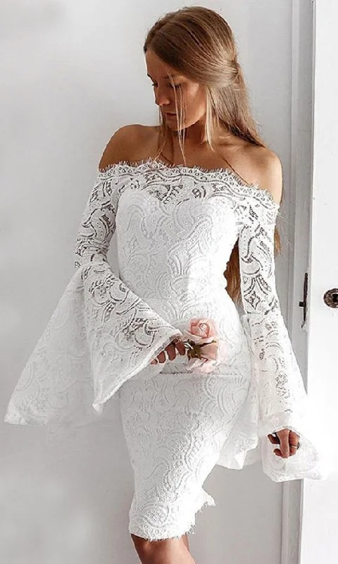 Act Fast – Limited Time Savings!Sheath Off-the-Shoulder Bell Sleeves Knee-Length White Lace Homecoming Party Dress cg1658