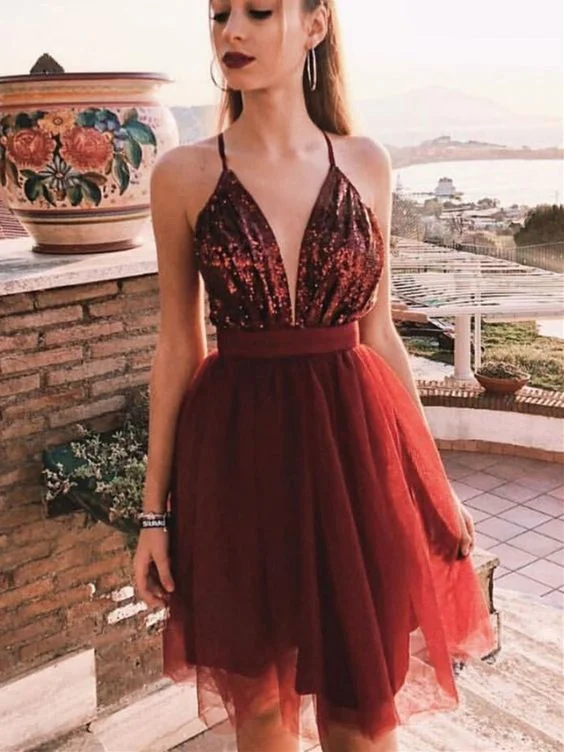 Score Huge Discounts Today!Simple V Neck Burgundy Tulle Short homecoming Dress, Burgundy Tulle Short Evening Dress cg1865