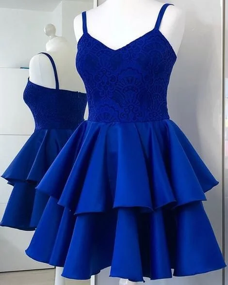 Your Dream Deal is Here!Spaghetti Straps Royal Blue Lace Bodice Homecoming Dress with Layered cg2132