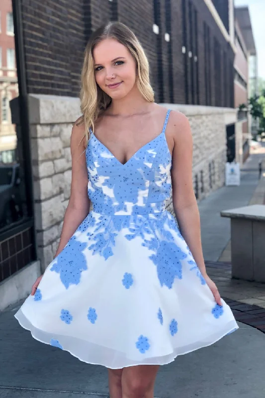 Buy More, Save More!Spaghetti Straps Sky Blue Floral Appliques Homecoming Dress cg2201