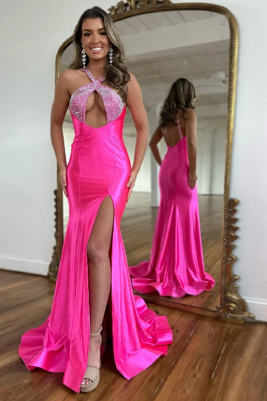 Special Discounts Inside!Sparkly Fuchsia Mermaid Beaded Halter Satin Long Prom Dress with Slit
