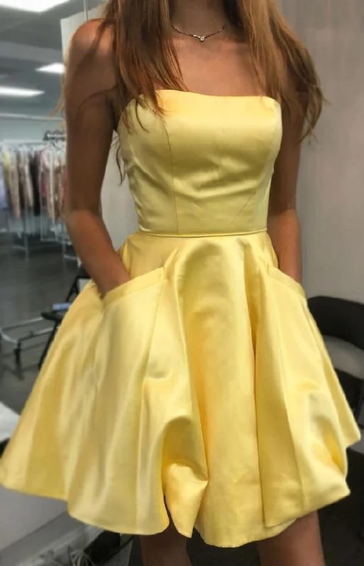Grab Yours Before It’s Too Late!Strapless Short Yellow Homecoming Party Dress With Pockets  cg2120