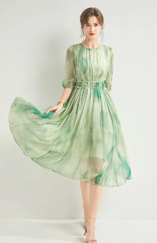 Best Price of the Season!Summer 100% Silk O-Neck Short Sleeve Print Casual Dress