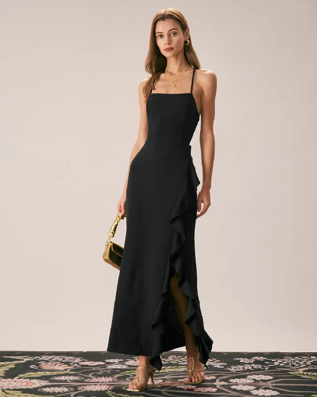 Get the Best for Less!The Black Ruffle Cross Back Strap Maxi Dress