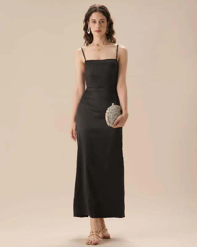 Unbeatable Prices!Black Satin Slip Maxi Dress