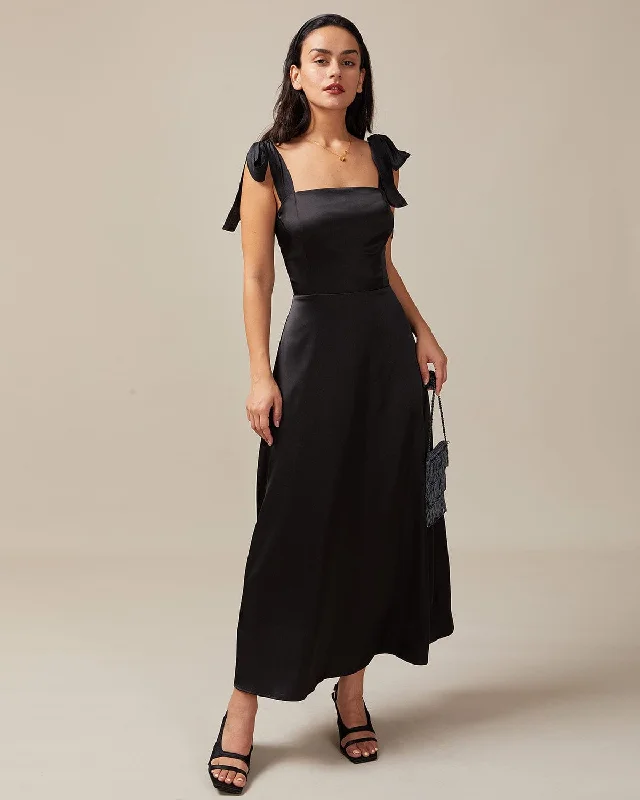 Bigger Savings, Better Shopping!The Black Tie Strap Satin Maxi Dress