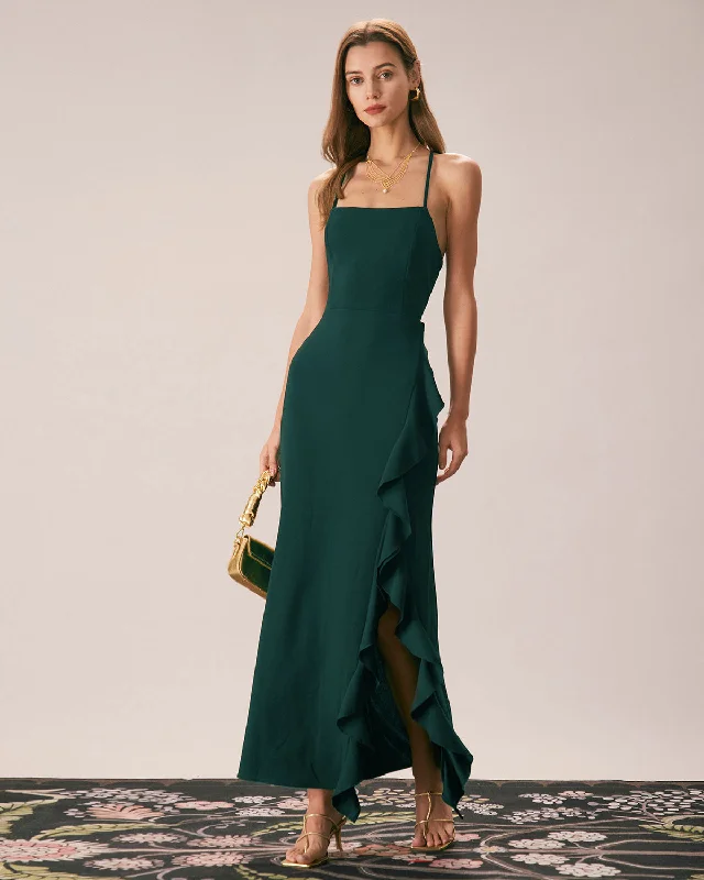 Seasonal Sale – Shop Now!The Green Ruffle Cross Back Strap Maxi Dress
