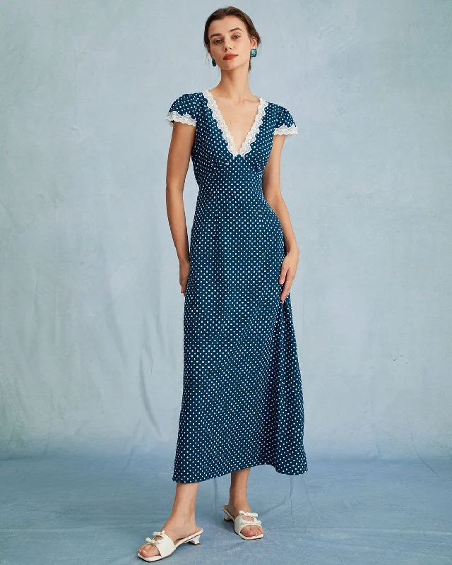 Buy More, Pay Less!The Navy V Neck Polka Dot Lace Ruched Maxi Dress