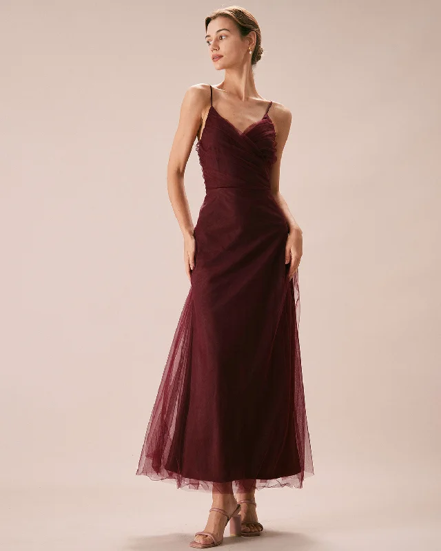 New Discounts Just Dropped!The Wine Red V Neck Mesh Wrap Maxi Dress