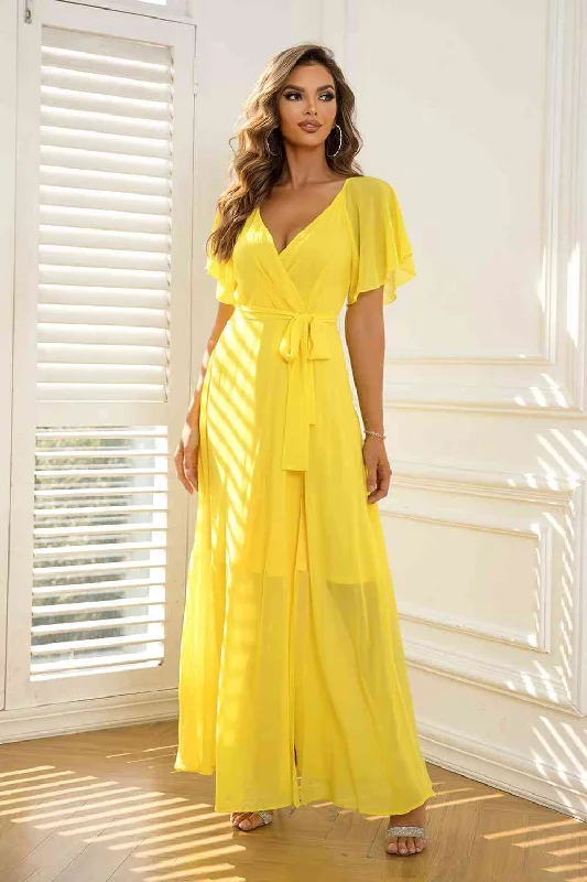 Limited Deals, Unlimited Savings!Tie Waist Flutter Sleeve Maxi Dress