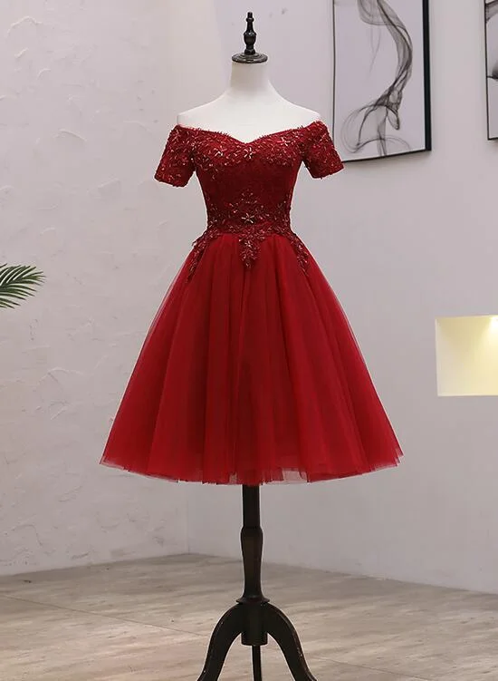 Buy More, Pay Less!Tulle Dark Red Off The Shoulder Knee Length Homecoming Dress, Red Party Dress cg2089