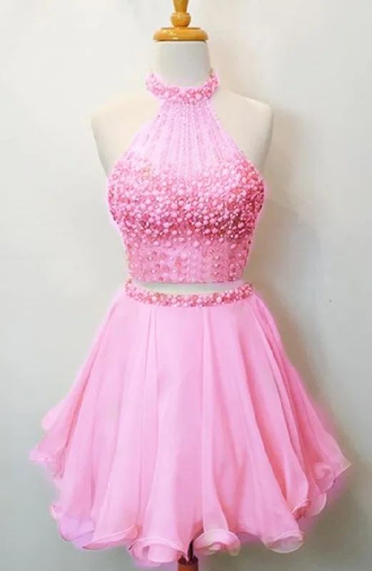 Your Exclusive Offer Awaits!Two Piece Homecoming Dress,Beaded Party Dress,Pink Homecoming Gown cg1680