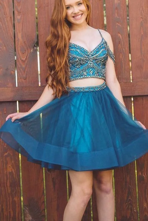 Don't Miss Out!Two Piece Homecoming Dresses, Navy Blue Homecoming Dresses, Beaded Dancing Dresses cg1980