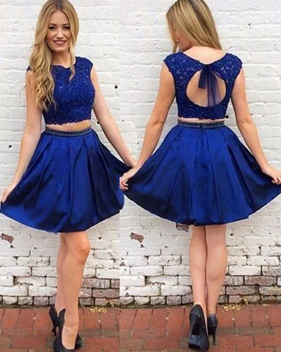 Save More Than Ever!two piece royal blue lace bodice satin homecoming dress cg2262