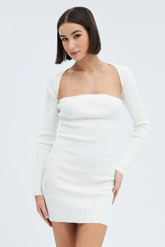 Hot Deals You Can’t Resist!White Dress & Shrug Set Long Sleeve Strapless Mini Knit