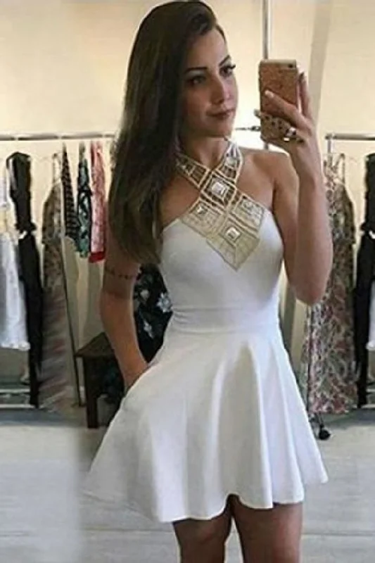 Steals and Deals Await!White Halter Strapless Straight Short Dress,Tie Back Cheap Homecoming Dress cg1682