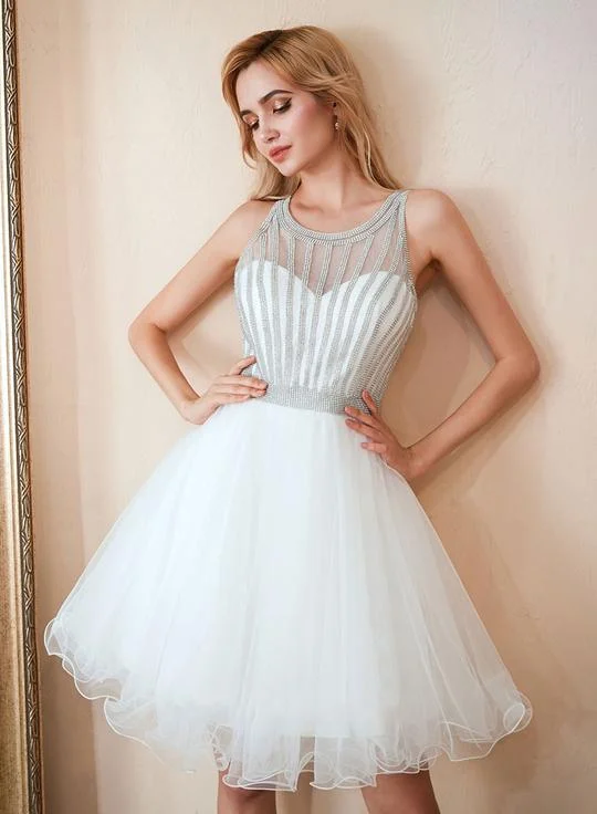 Biggest Sale of the Season!White round neck tulle beads short dress, homecoming dress cg1743