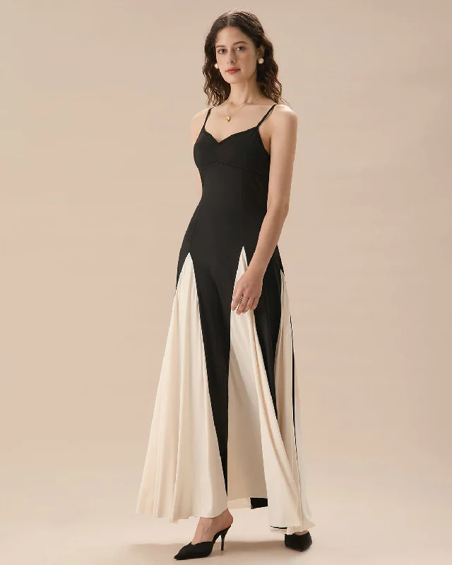 Price Drop Alert!Women's Black Contrasting Pleated Slip Maxi Dress
