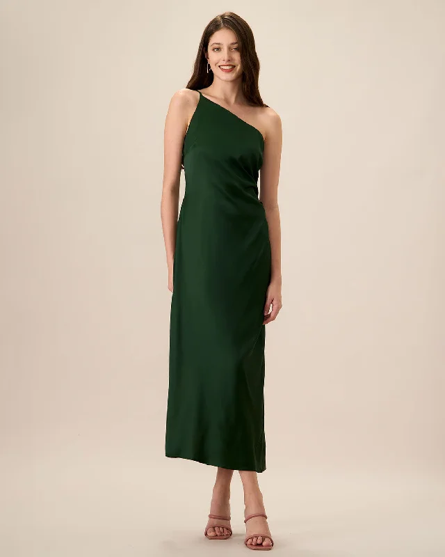 Hot Deals You Can’t Resist!Women's Green One-shoulder Satin Maxi Dress