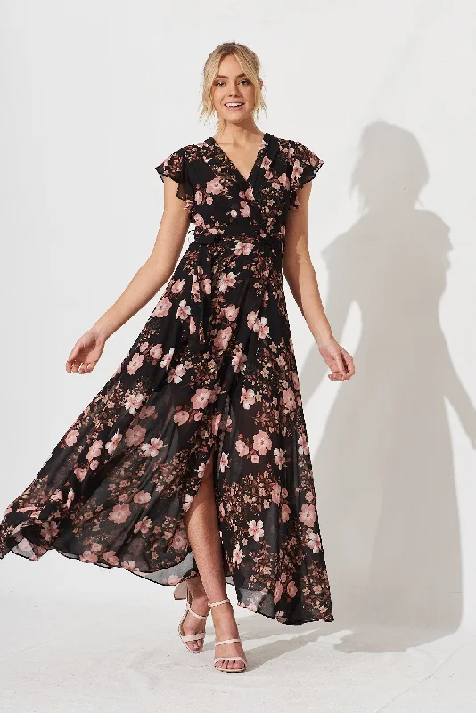 Shop the Hottest Deals!Wynter Maxi Dress In Black With Multi Floral Chiffon