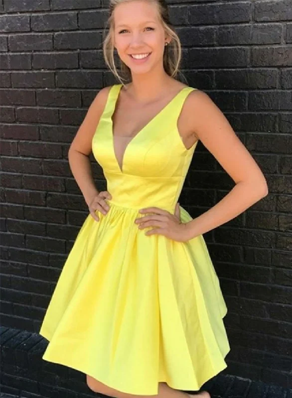 Save Money, Shop Happy!Yellow v neck short dress, homecoming dress cg2085