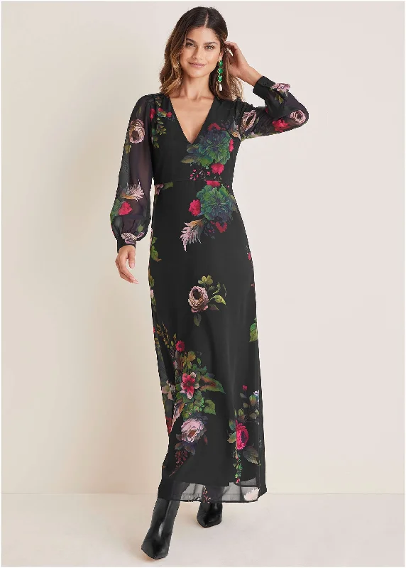 Time to Snag a Bargain!V-Neck Floral Maxi Dress - Black Multi