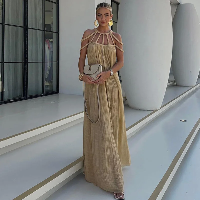 Best Price of the Season!Bohemian Linen Rope Design Strapless Halter Loose Dress