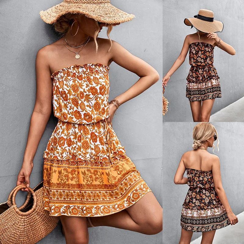 Every Deal is a Steal!Bohemian Summer Floral Print Mini Strapless Dress