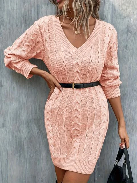 Special Offer – Act Fast!Cable-Knit V-Neck Sweater Dress