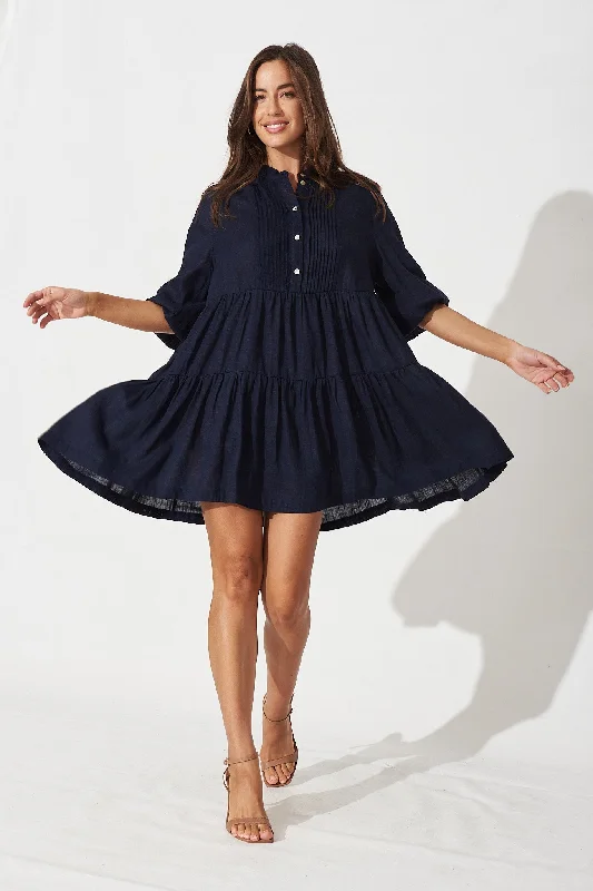 Steals and Deals Await!Caracelle Smock Dress In Navy Linen Blend