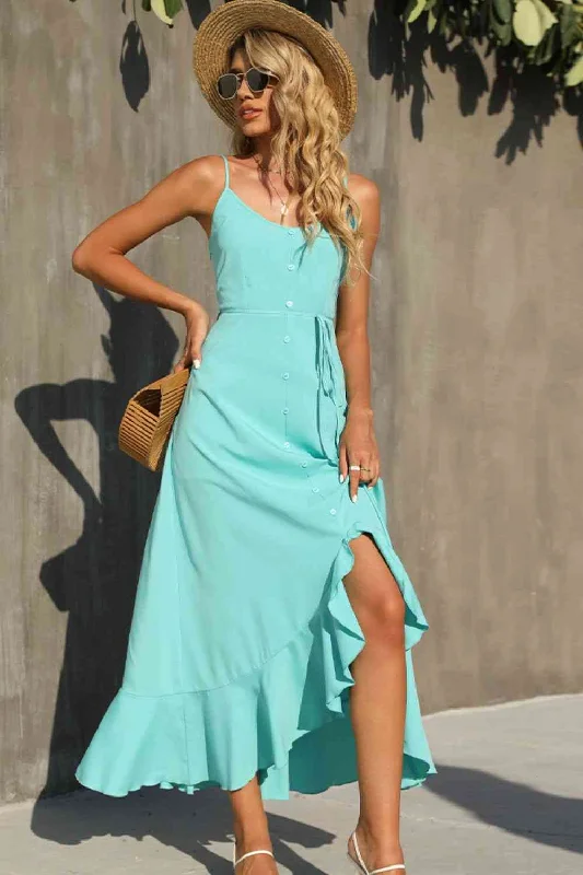 Your Dream Deal is Here!Decorative Button Spaghetti Strap Ruffle Hem Dress