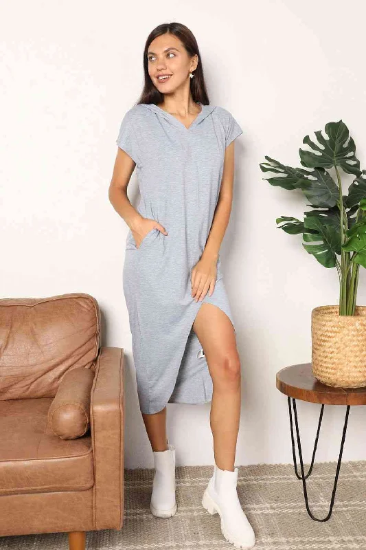 Shop Before It’s Gone!Double Take Short Sleeve Front Slit Hooded Dress