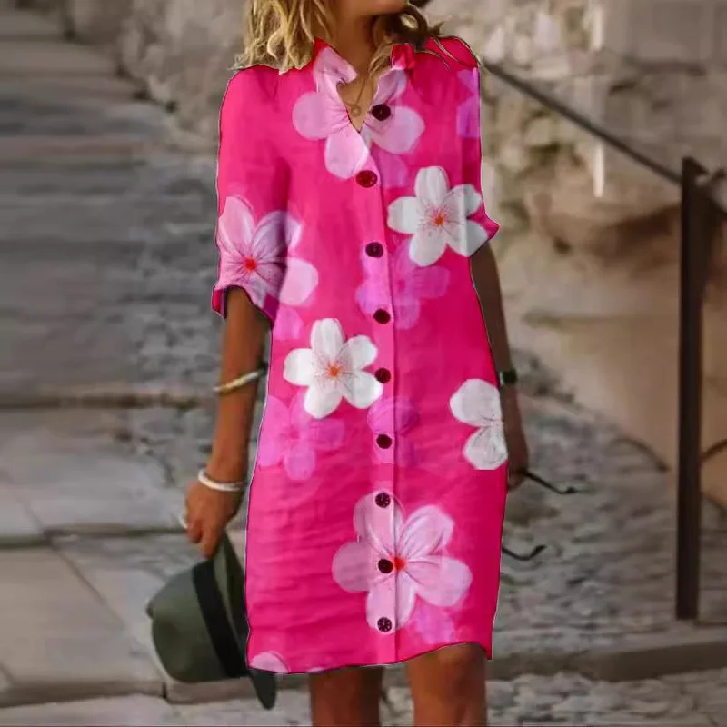Get the Best for Less!Floral Bliss Linen Shirt Dress with Half Sleeve