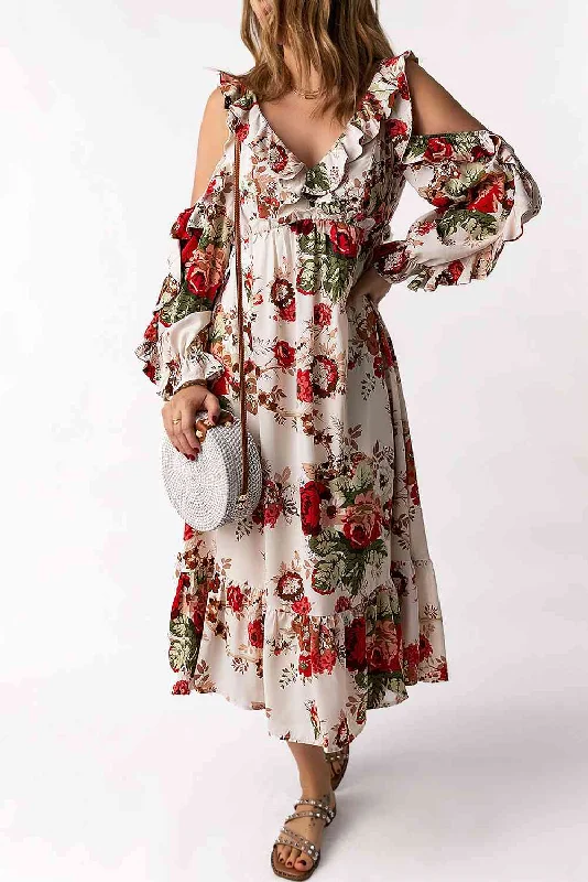 Today Only – Don’t Miss It!Floral Cold-Shoulder Ruffled Dress