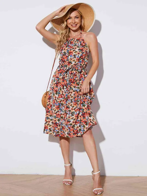 Your Favorite Items on Sale Now!Floral Halter Neck Tie-Waist Backless Dress